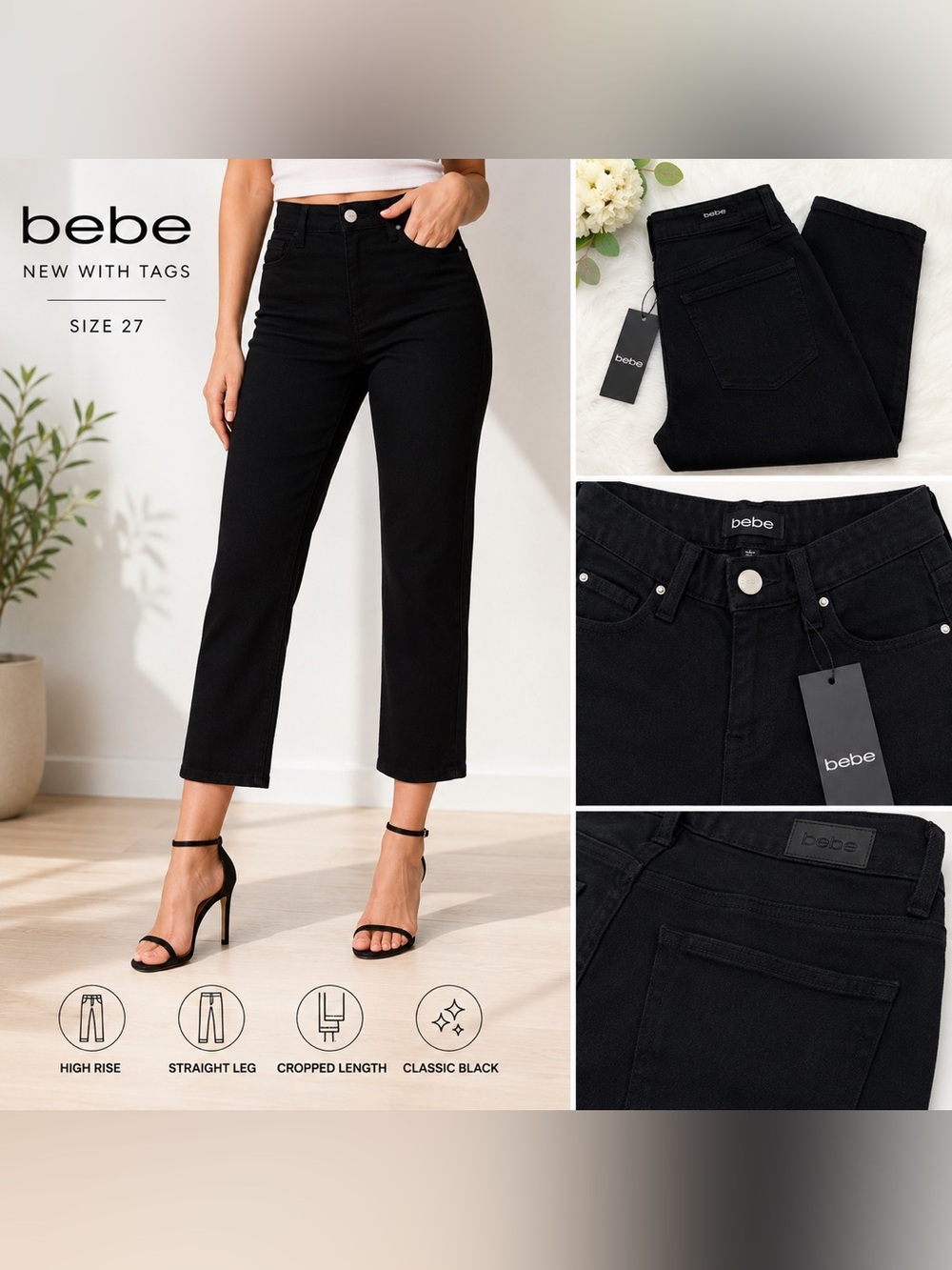 bebe Black High Rise Cropped Straight Leg Jeans Size 27 NWT